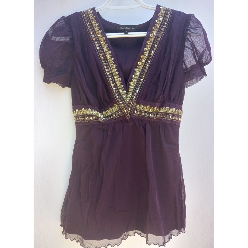 Heart Moon Star Boho Plum Colored Blouse Gold Embroidered Sequins Mesh Sz S